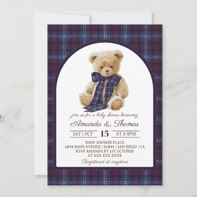 Vintage Plaid Bear Baby Shower Invitation (Front)