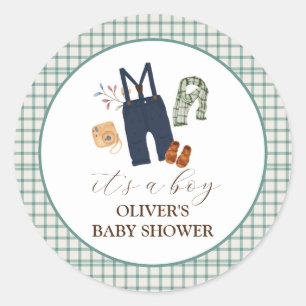 Vintage Plaid Boy Clothes Baby Shower  Classic Round Sticker