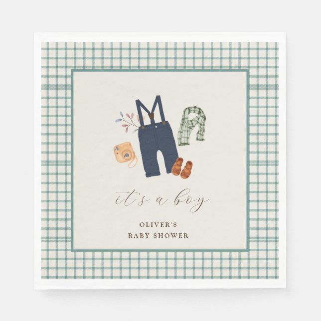 Vintage Plaid Boy Clothes Baby Shower Welcome  Napkin (Front)