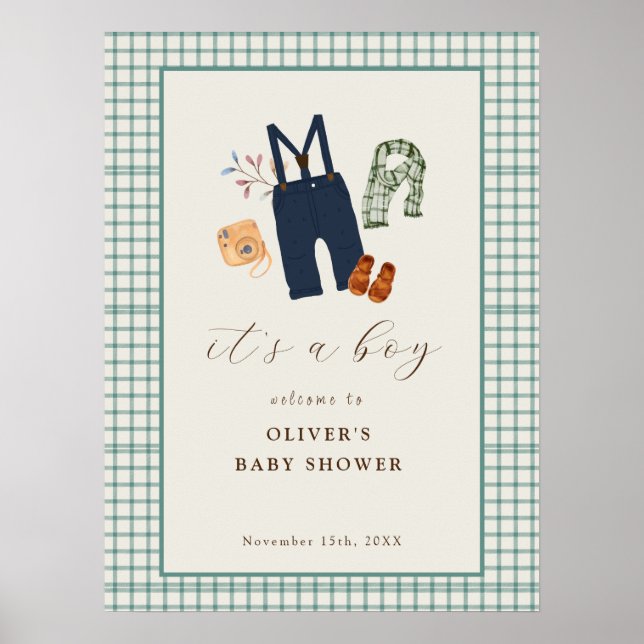 Vintage Plaid Boy Clothes Baby Shower Welcome  Poster (Front)