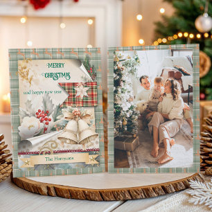 Vintage Plaid Christmas Bells Photo Back Holiday Card