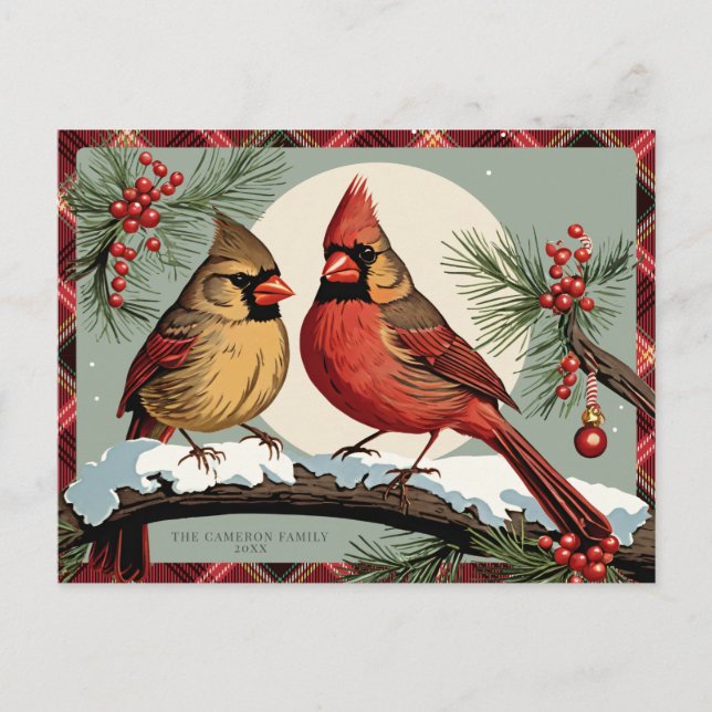 Vintage Plaid Christmas Cardinal Birds Red Holiday Postcard (Front)