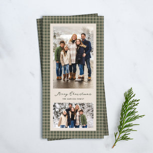 Vintage plaid frame two photo green Christmas Holiday Card
