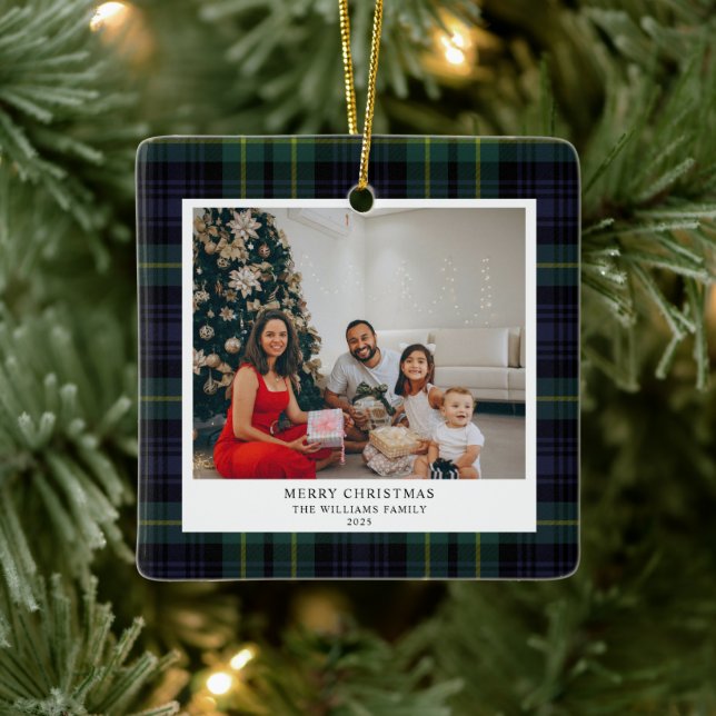 Vintage Plaid Navy Photo Christmas  Ceramic Ornament (Tree)