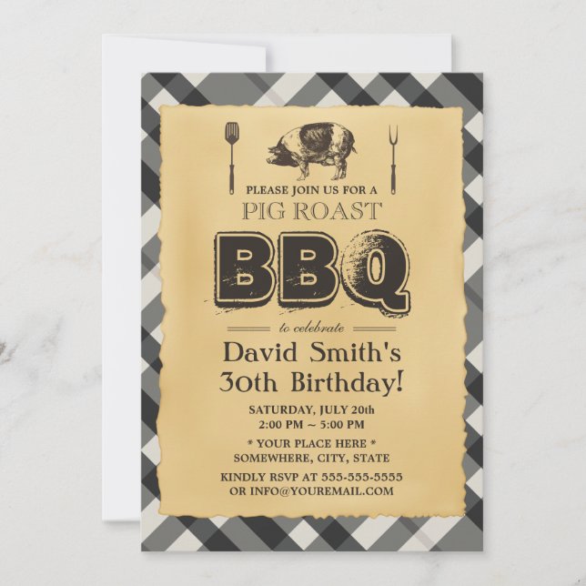 Vintage Plaid Pig Roast BBQ Birthday Party Invitation (Front)