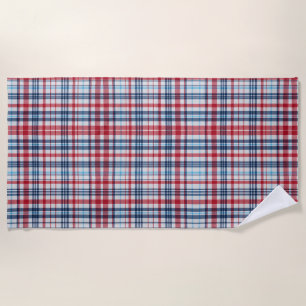 Vintage, plaid red white blue pattern beach towel