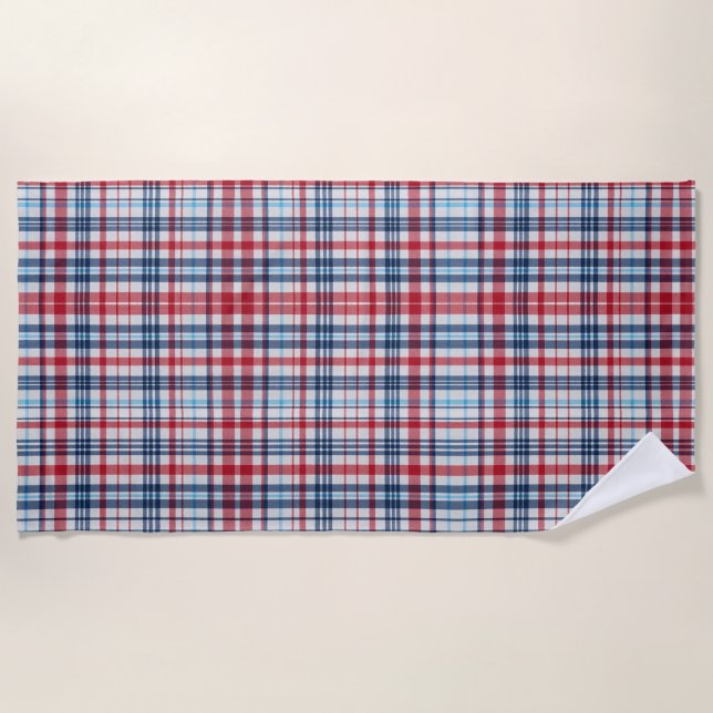 Vintage, plaid red white blue pattern  beach towel (Front)