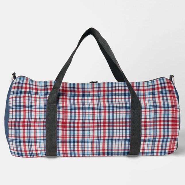 Vintage, plaid red white blue pattern  duffle bag (Front)