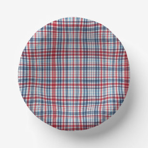 Vintage, plaid red white blue pattern paper plate