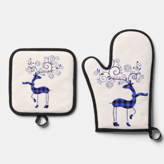 vintage Plaid Reindeer Oven Mitt & Pot Holder Set