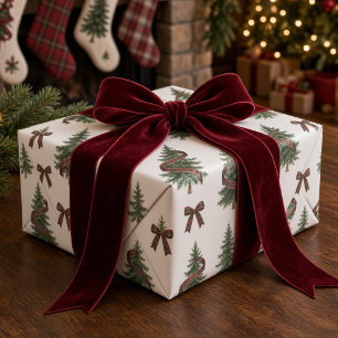 Vintage Plaid Ribbon Christmas Tree Burgundy Bow Wrapping Paper