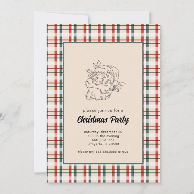 Vintage Plaid Santa Christmas Party Invitations (Front)