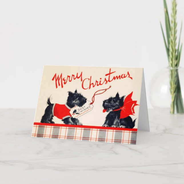 Vintage Plaid Scotty Dogs Merry Christmas Holiday Card (Front)