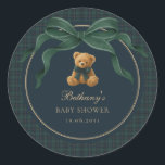 Vintage Plaid Tartan Teddy Bear Green Bow Classic Round Sticker<br><div class="desc">Drawing inspiration from polo club elegance and classic equestrian tradition, these teddy bear themed sticker set the stage for a sophisticated baby shower with enduring appeal. A rich palette of deep navy and forest green, accented by a graceful statement bow, creates a look that feels both heritage-inspired and effortlessly luxurious....</div>