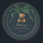 Vintage Plaid Tartan Teddy Bear Green Bow Paper Plate<br><div class="desc">Drawing inspiration from polo club elegance and classic equestrian tradition, these teddy bear themed napkins set the stage for a sophisticated baby shower with enduring appeal. A rich palette of deep navy and forest green, accented by a graceful statement bow, creates a look that feels both heritage-inspired and effortlessly luxurious....</div>