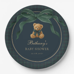 Vintage Plaid Tartan Teddy Bear Green Bow Paper Plate