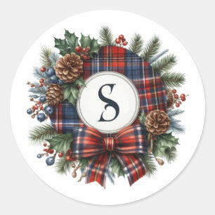 Vintage Plaid Wreath Monogram Christmas Holiday Classic Round Sticker