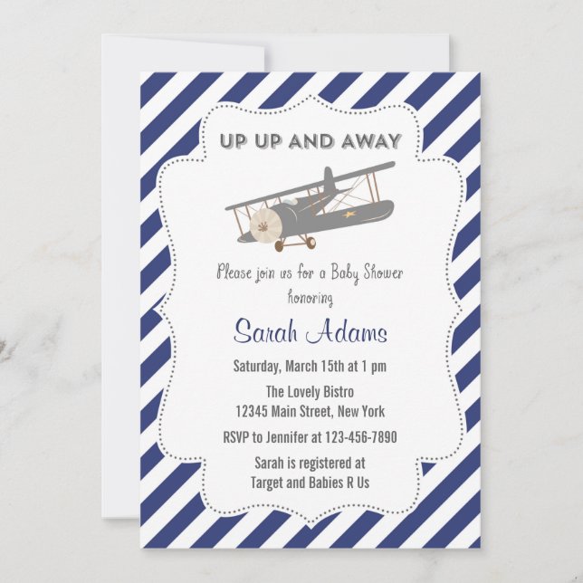 Vintage Plane Baby Shower Invitation Blue (Front)