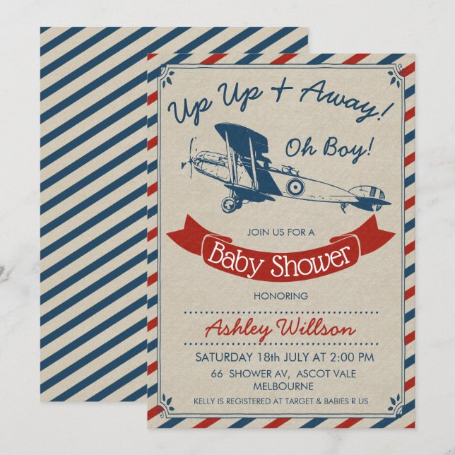 Vintage Plane Baby Shower Invitation For Boy (Front/Back)