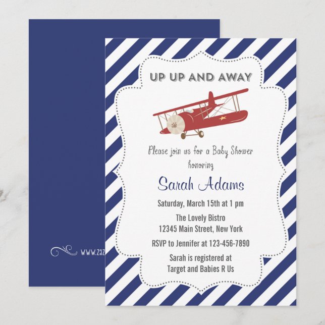 Vintage Plane Baby Shower Invitation Red and Blue (Front/Back)