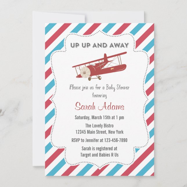 Vintage Plane Baby Shower Invitation Red and Blue (Front)
