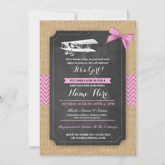 Vintage Plane Baby Shower Party Girl Wood Invite (Front)