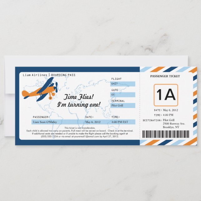 Vintage Plane Birthday Boarding Pass Ticket Invitation (Front)
