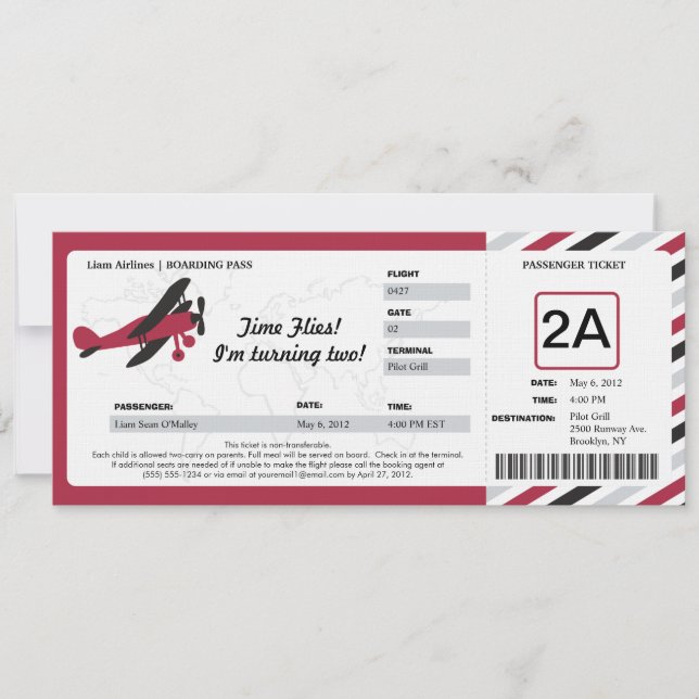 Vintage Plane Birthday Boarding Pass Ticket Invitation (Front)