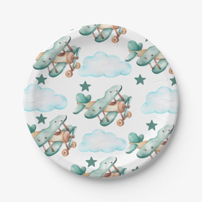 Vintage Plane Birthday Invitation Time Flies   Paper Plate (Front)