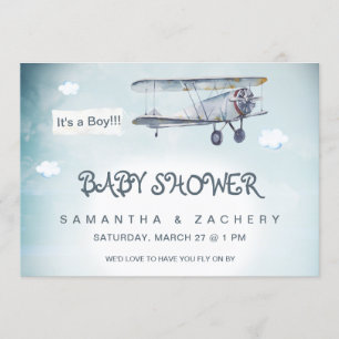*~* Vintage Plane Clouds Banner Baby Boy Shower Invitation