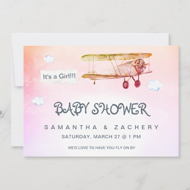*~* Vintage Plane Clouds Banner Baby Girl Shower Invitation (Front)