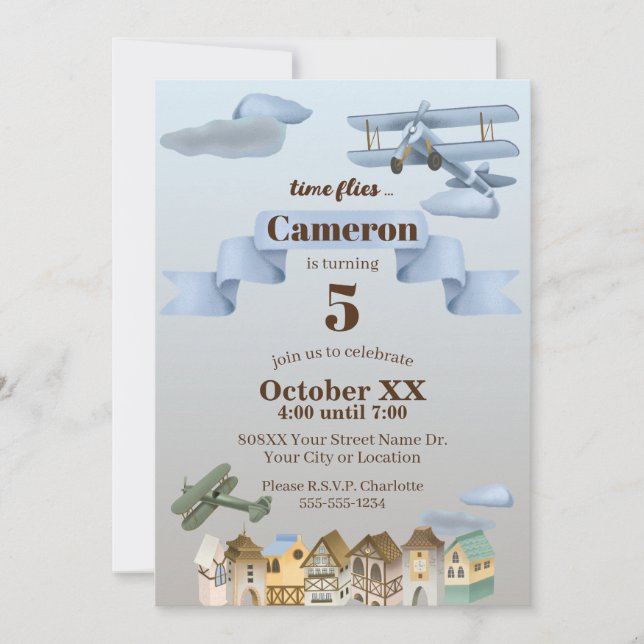 Vintage Plane & Cute Town Aviation Birthday Party Invitation (Front)