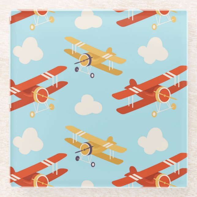 Vintage Planes Clouds Background Pattern Glass Coaster (Front)