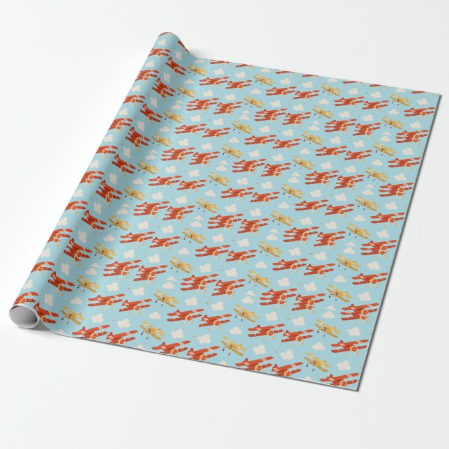 Vintage Planes Clouds Background Pattern Wrapping Paper (Unrolled)