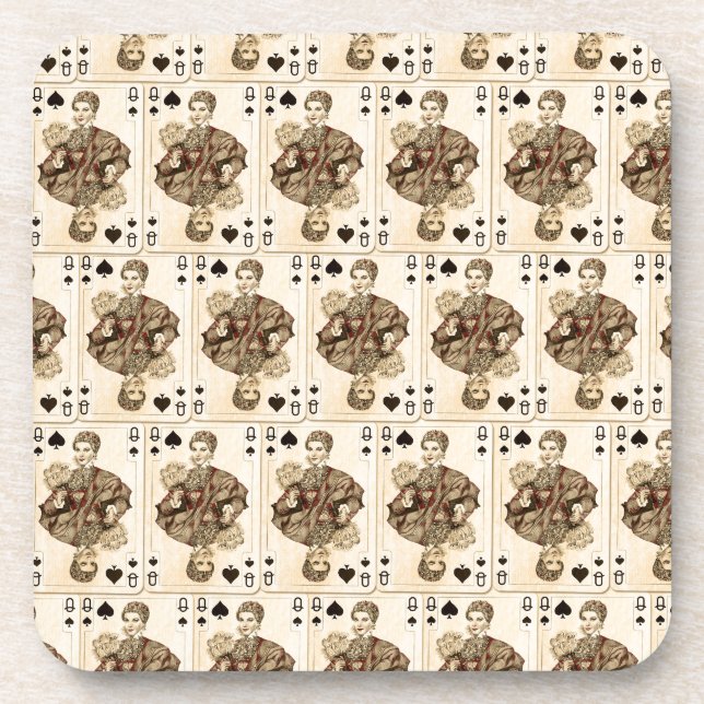 Vintage Playing Cards Collage Queen Spades Coaster (Front)