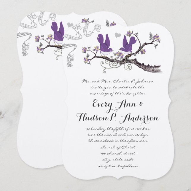 Vintage Plum Birds Yellow & Purple Wedding Invite (Front/Back)