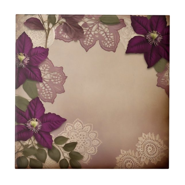 Vintage Plum Clematis Tile (Front)