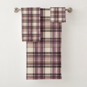Vintage Plum Purple & Cream Tartan Plaid Bath Towel Set