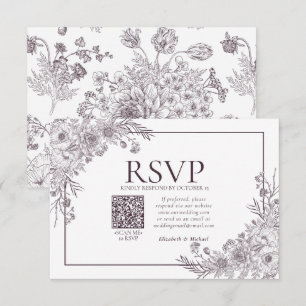 Vintage Plum Purple Floral Line Art QR Code RSVP Card