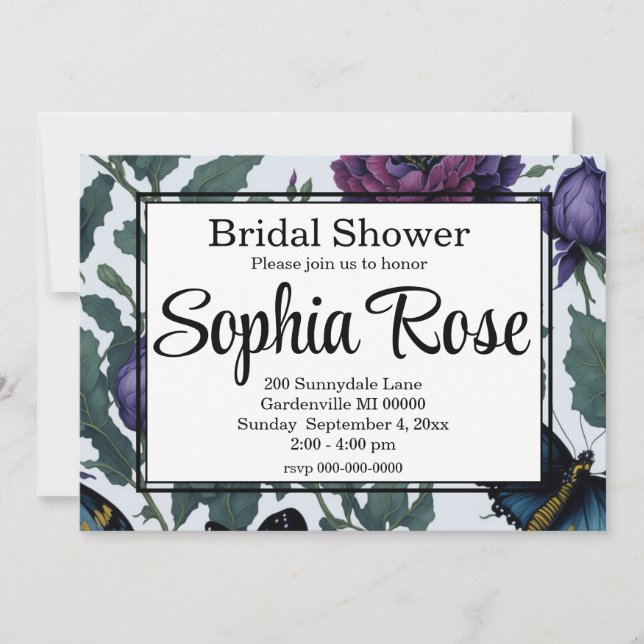 Vintage plum purple magenta floral butterflies  invitation (Front)