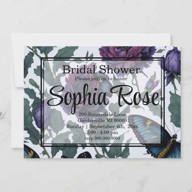 Vintage plum purple magenta floral butterflies  invitation (Front)