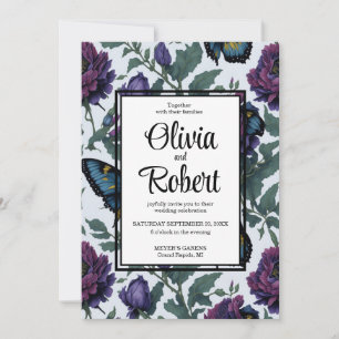 Vintage plum purple magenta floral butterflies invitation
