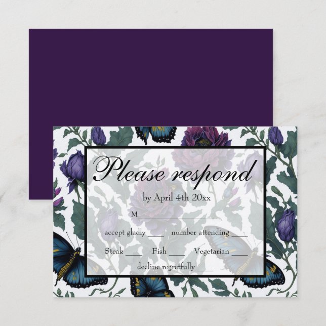 Vintage plum purple magenta floral butterfly RSVP (Front/Back)