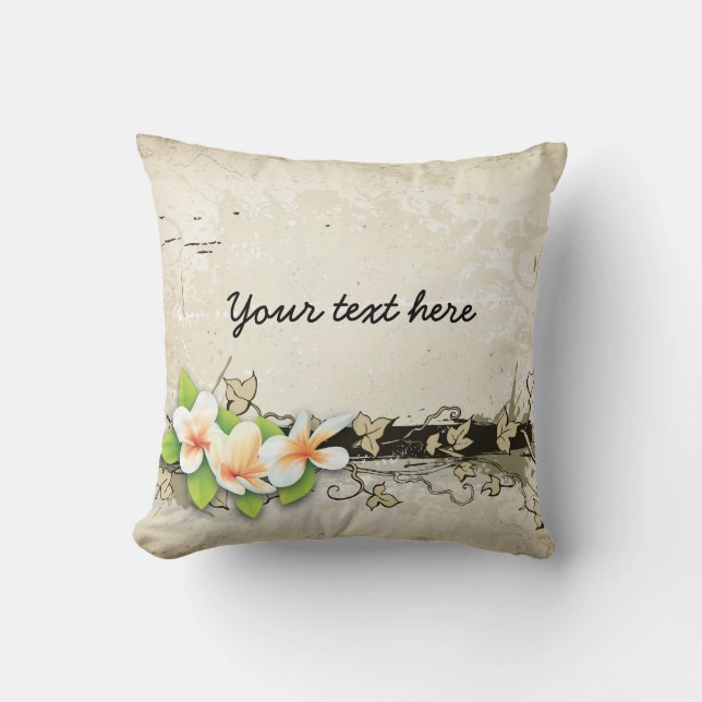 Vintage plumeria/frangipani and ivy beige cushion (Front)