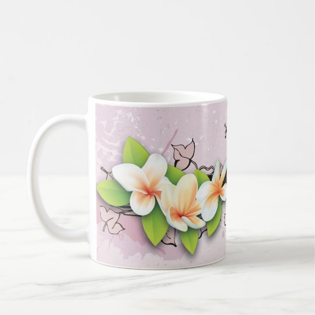 Vintage plumeria/frangipani and ivy pink mug (Left)