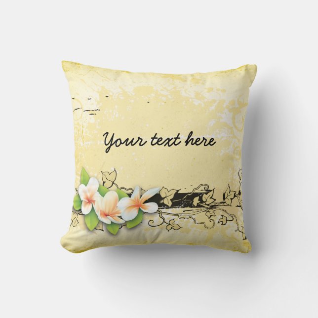 Vintage plumeria/frangipani and ivy yellow cushion (Front)