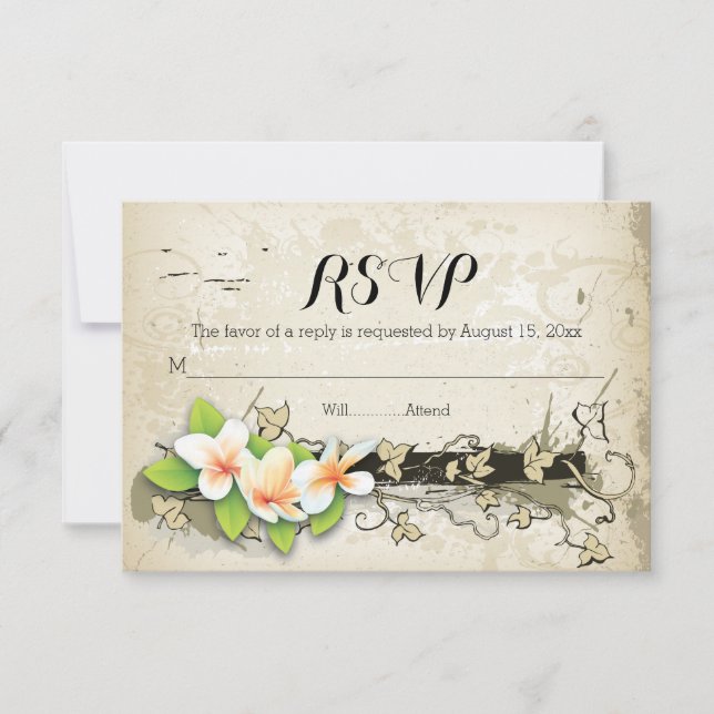 Vintage plumeria & ivy beige wedding RSVP (Front)