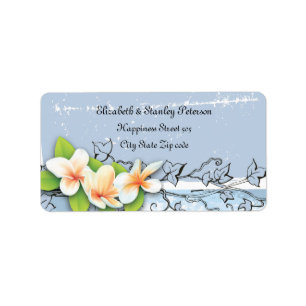 Vintage plumeria ivy blue white wedding label