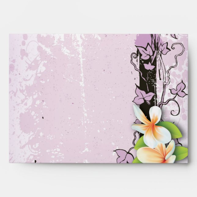 Vintage plumeria ivy purple white wedding envelope (Front)