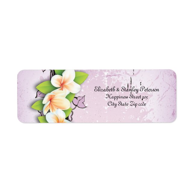 Vintage plumeria ivy purple white wedding label (Front)